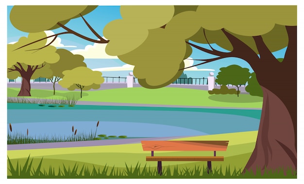 Free Vector tranquil park with wooden bench at lake illustration