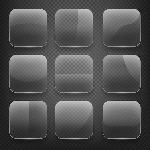 Transparent glass square app buttons on checkered background. Blank empty, shiny and glossy. Vector illustration icons set