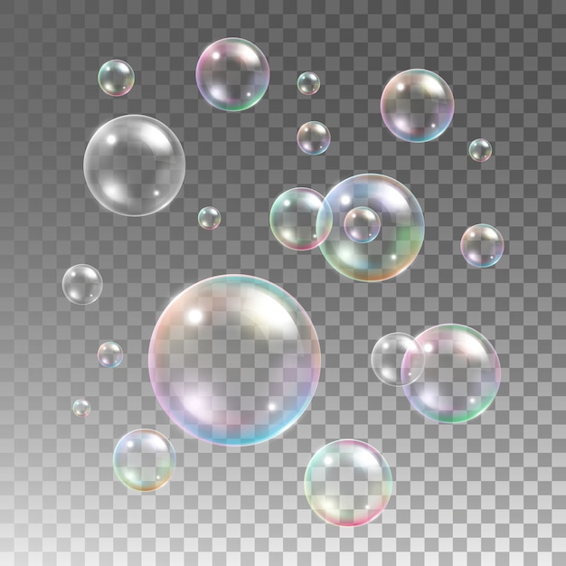 Free vector transparent multicolored soap bubbles  set on plaid background. sphere ball, design water and foam, aqua wash