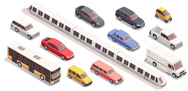 Free Vector transport isometric icons set with bus car train van isolated on white background 3d