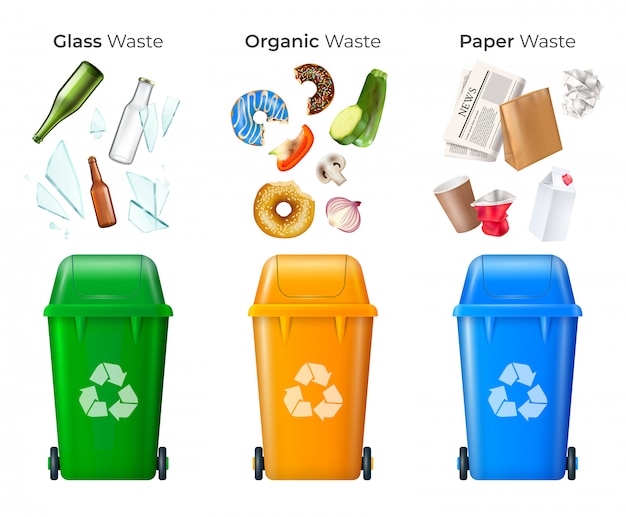 Trash and recycling set with glass and organic waste realistic isolated