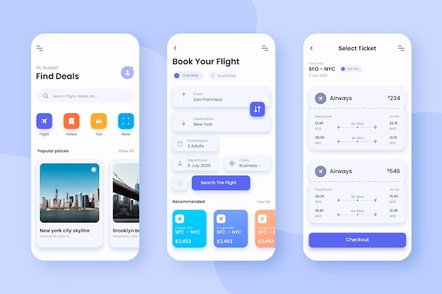 Free vector travel app screens interface design