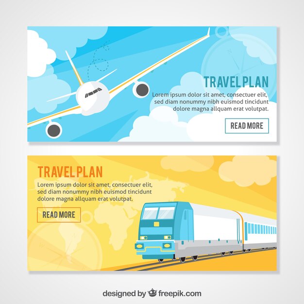 Travel banners with plane and train