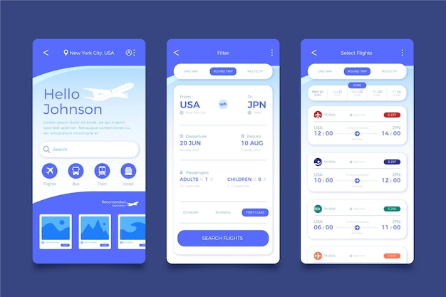 Free vector travel booking app screens