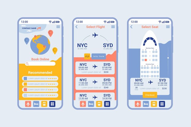 Travel booking app screens