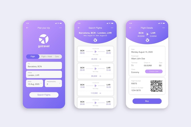 Free vector travel booking app screens