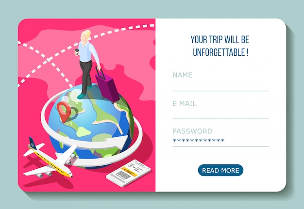 Free Vector travel by airplane with electronic ticket in smart phone isometric composition with user account interface