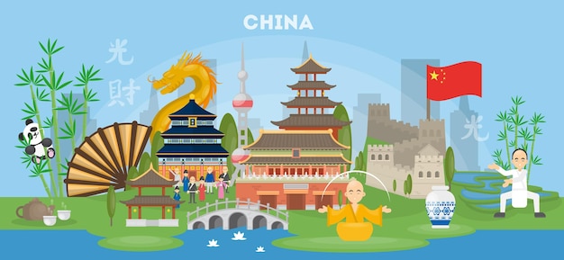 Free vector travel to china advertising illustration all landmarks and cultural symbols of china