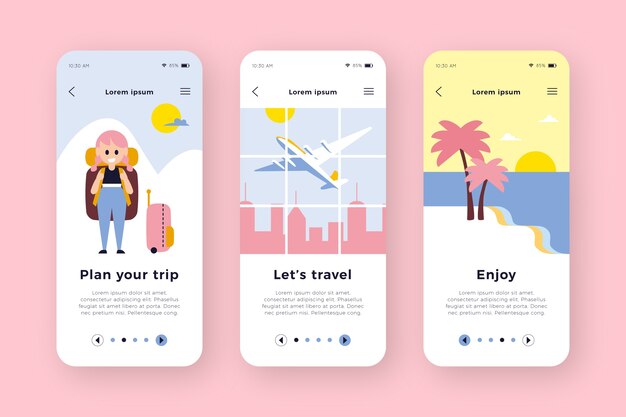 Travel onboarding app screens