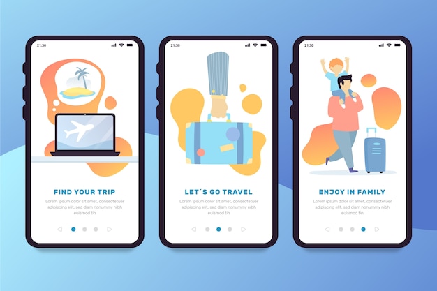 Free vector travel onboarding app screens