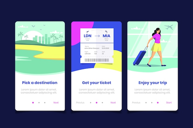 Free vector travel onboarding app screens