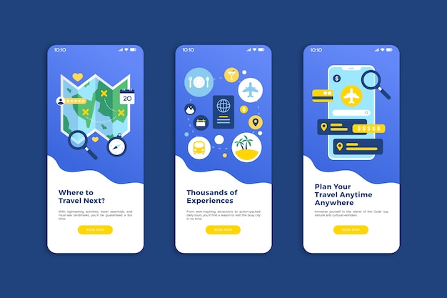 Free vector travel online onboarding app screens (mobile phone)