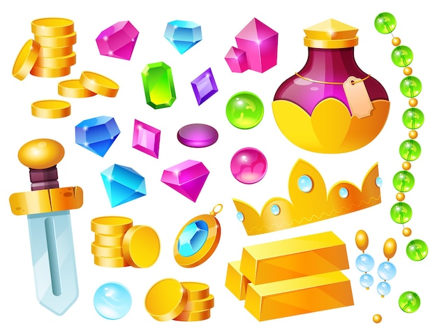 Free Vector treasure, magic items golden coins, crystal gems, crown, sword and gold bar with potion bottle, precious rocks and jewelry, ui game assets, pirate loot isolated