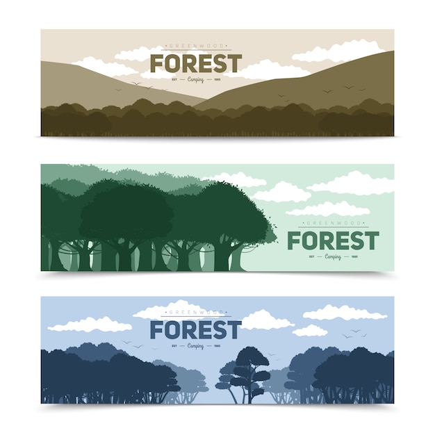 Free vector tree forest banners set with different nature scene isolated vector illustration