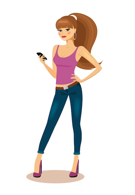 Free Vector trendy young girl with her brown hair in a ponytail holding a mobile phone