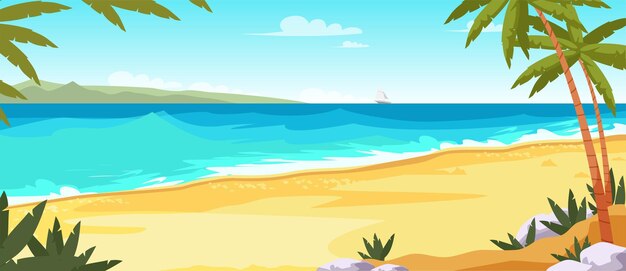 Tropical island illustration with sky coast palm trees and sailing boat in sea