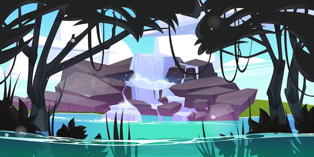 Free Vector tropical landscape with waterfall and jungle