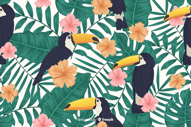 Tropical leaves and exotic birds background