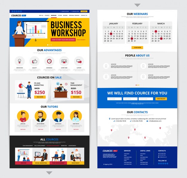 Two flat design web pages presenting detailed information about business traning courses isolated on