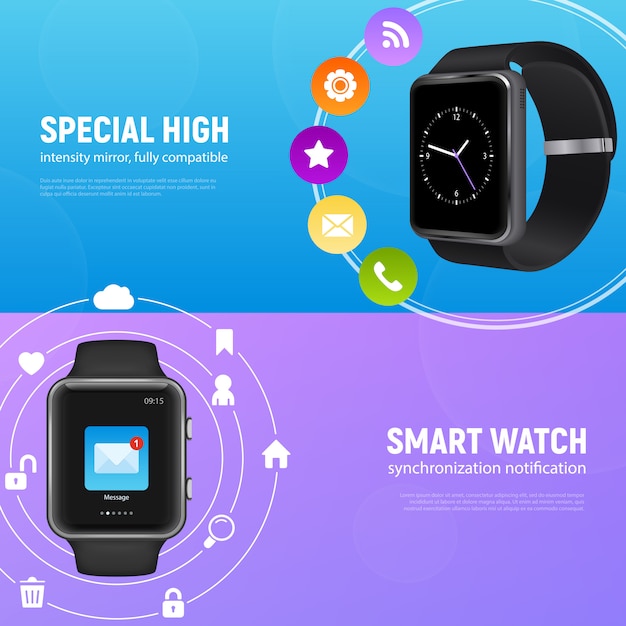 Free vector two horizontal realistic smart watch banner set with special high and smart watch descriptions vector illustration