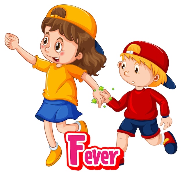 Free Vector two kids cartoon character do not keep social distance with fever font isolated on white background