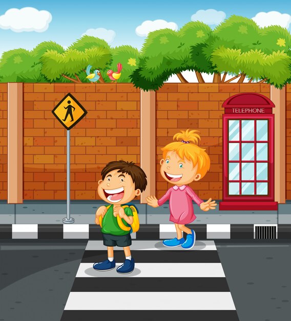 Two kids crossing the  street illustration