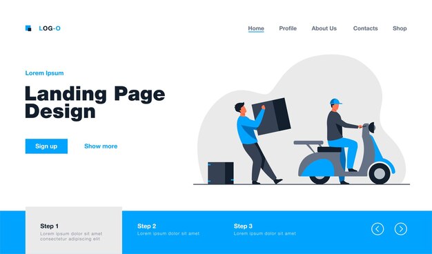 Free Vector two loaders carrying big carton box to couriers scooter landing page template
