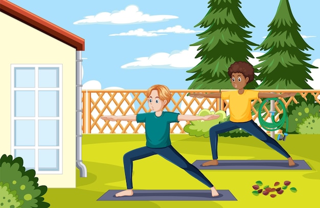 Free vector two men performing yoga outdoor