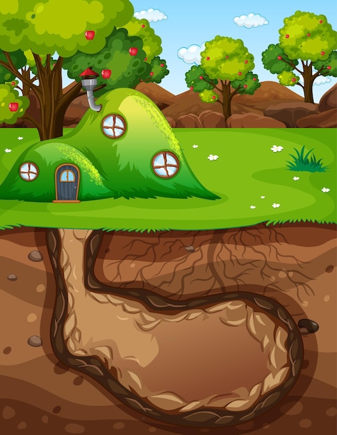 Free Vector underground animal hole with ground surface of the garden scene