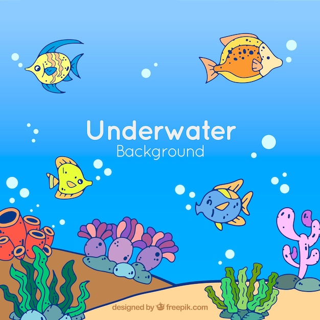 Free vector underwater background with caricatures of aquatic animals