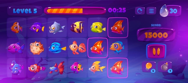 Underwater game ui interface with fish slot icon Match 3 element with button cute cartoon vector mobile app design Progress bar asset with clown angler and piranha undersea object in glasses