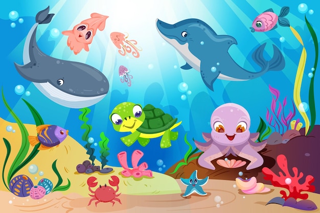 Free vector underwater ocean life with cute sea animals and marine plants