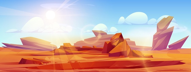 Free Vector uninhabited desert landscape under blazing sun in blue sky vector cartoon illustration of rocky canyon cliffs and sand hot red rock cliff empty alien planet territory with stones game background