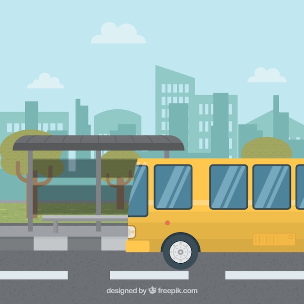 Free Vector urban bus and bus stop with flat design