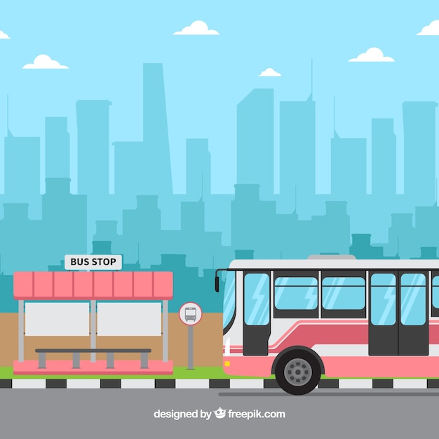 Free Vector urban bus and bus stop with flat design