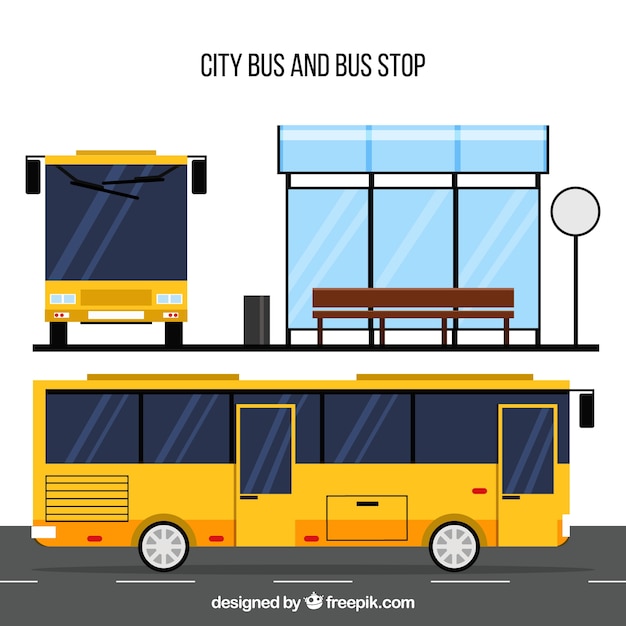 Free Vector urban bus and bus stop with flat design