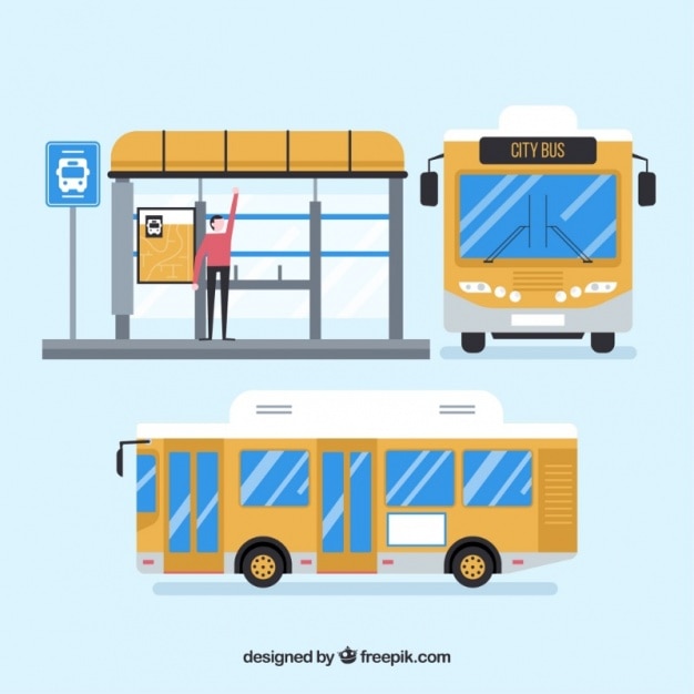 Free Vector urban bus and bus stop with flat design