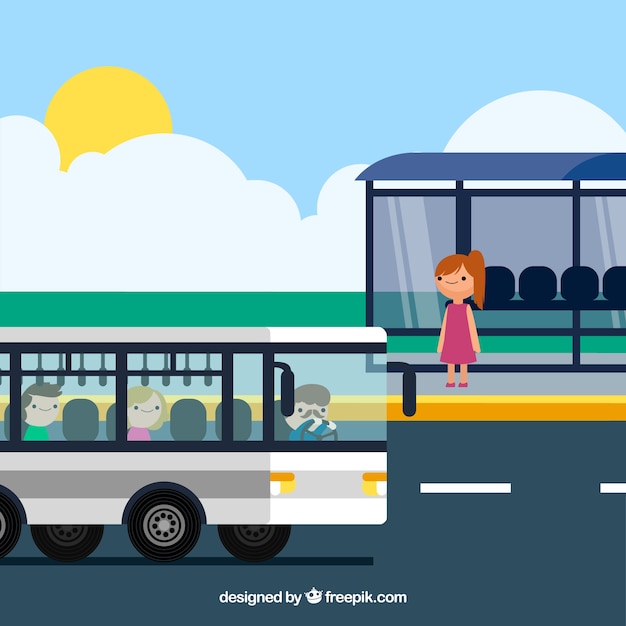 Free vector urban bus and bus stop with flat design