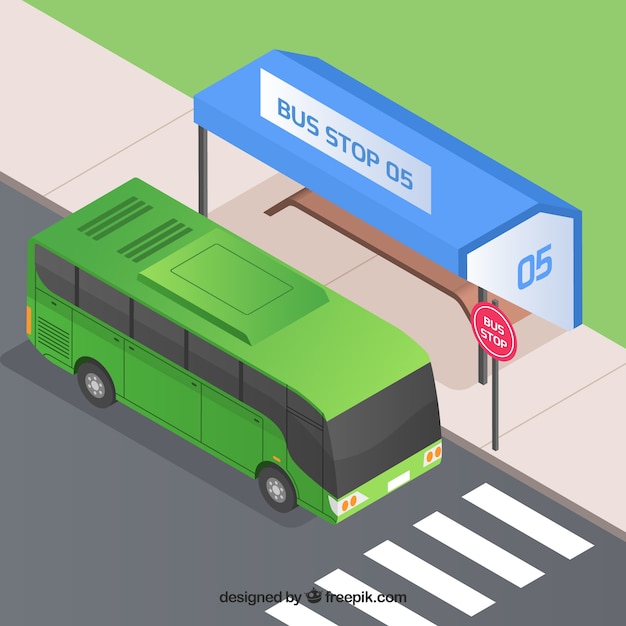 Free vector urban bus and bus stop with isometric view