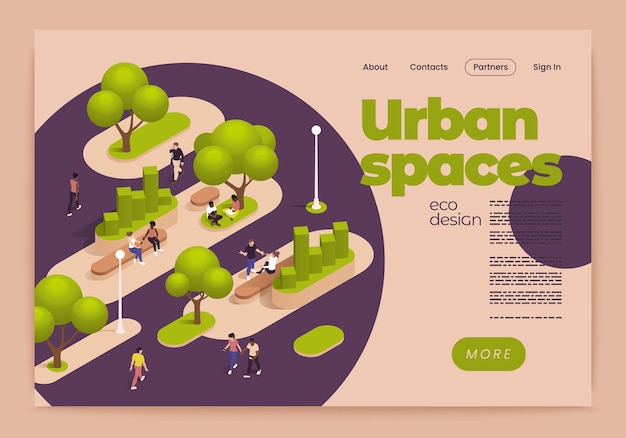 Free Vector urban city green spaces eco design isometric banner or landing page with links descriptions and more button vector illustration