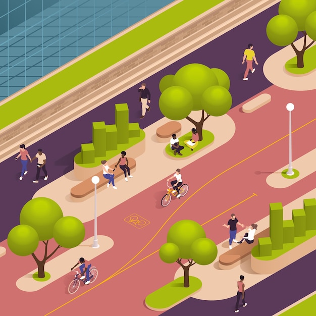 Free Vector urban city green spaces eco design isometric composition green park with walking people shrubs trees and the bike path vector illustration