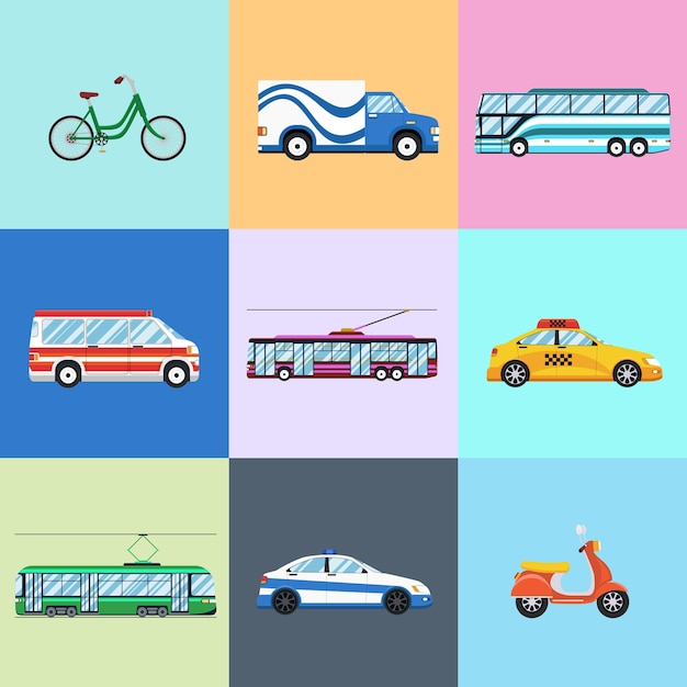 Free Vector urban city vehicles icon set. car and trolley bus, bicycle and motorbike, bus and police