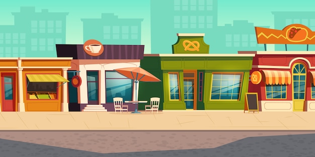Free vector urban street landscape with small shop, restaurant