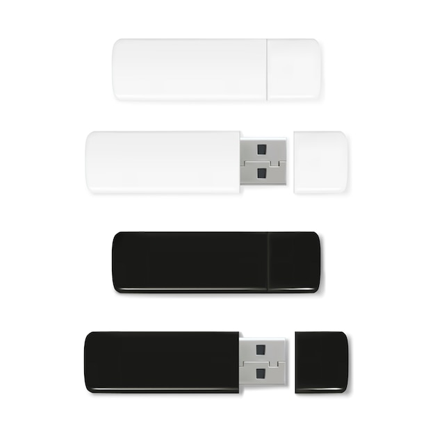 USB flash drives illustration of 3D realistic memory stick. Black and white plastic mockup 