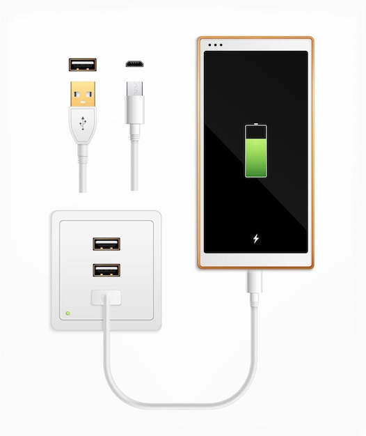 Free Vector usbport plug in charge realistic composition with set of isolated cable connectors ports socket and smartphone