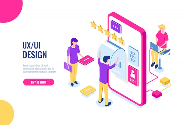 Free vector ux ui design, mobile development application, user interface building, mobile phone screen