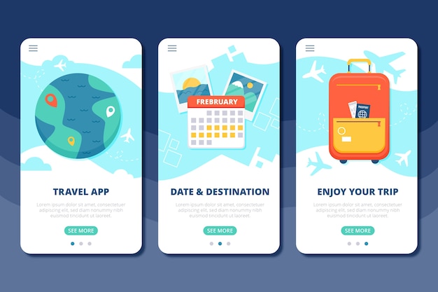 Vacation travel onboarding app screens