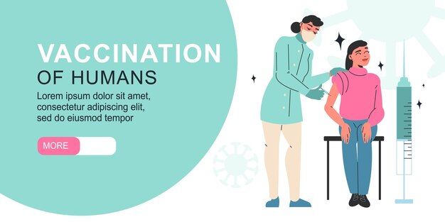 Vaccination horizontal banner with editable text more button and images of syringe and virus with people vector illustration