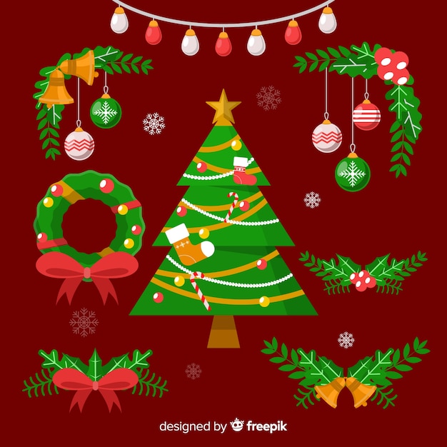 Free Vector variety of pine leaves decorations with christmas tree