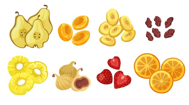 Various dried fruits cartoon illustration set. Dried fig, apricot, pear, pineapple, apple, orange, strawberry, raisin and prune isolated on white background. Tropical fruit, food concept